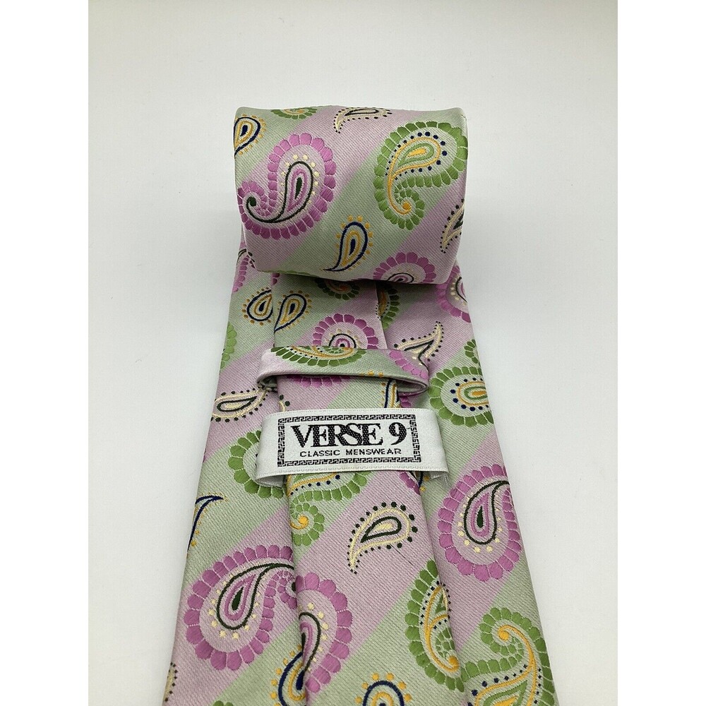 Verse 9 Necktie 100% Silk Paisley Soft Pink Green Classic Men’s Tie - Picture 4 of 6